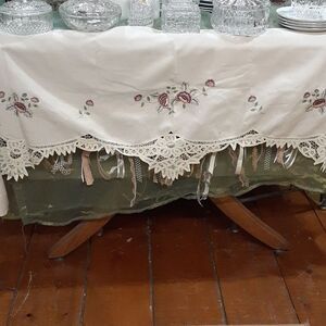 Victorian Embroidery needle point rose mantle cloth with heritage lace edge